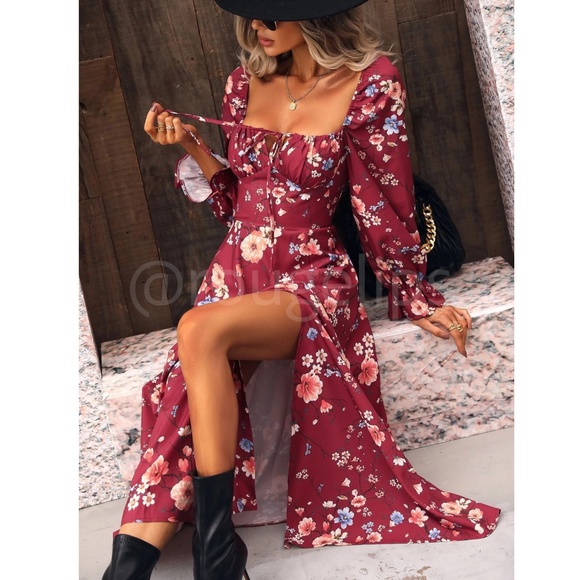 Floral Dress Square Neck Fit & Flare Maxi Long Sleeve Leg Slit Front Ties Red - Picture 2 of 10